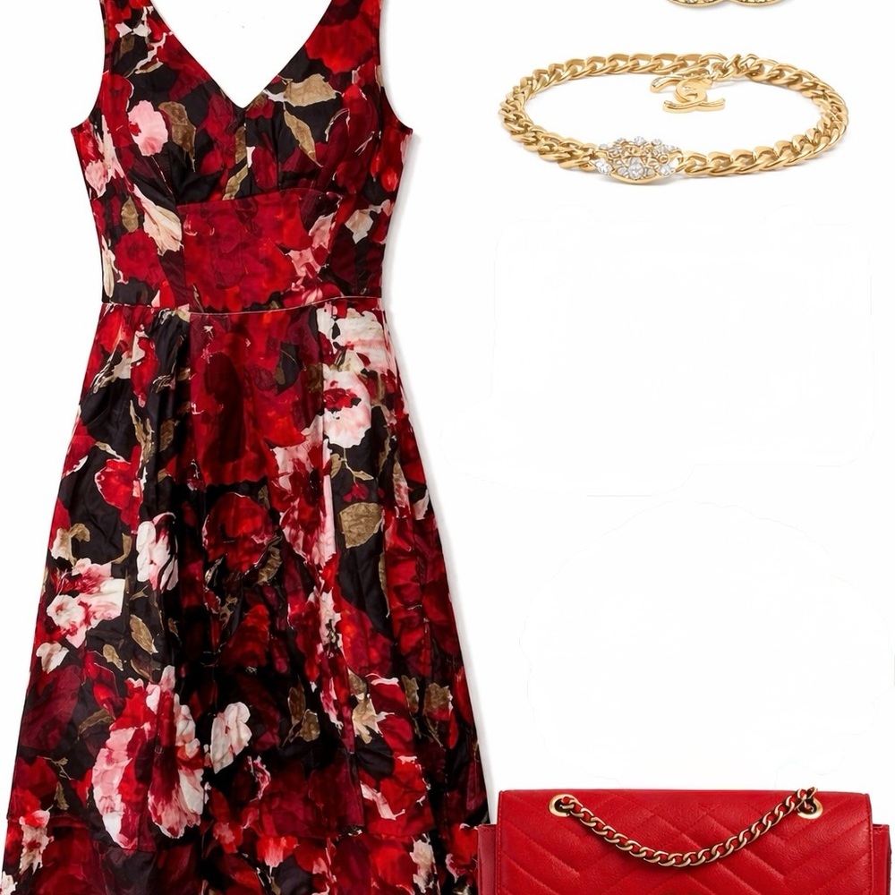 Liz Claiborne Red Floral V-Neck Midi Dress